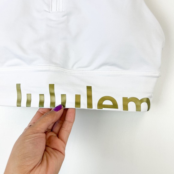 Lululemon (6) High Neck Gold Logo Zipper Energy Sports Bra Long Line White - Picture 3 of 7